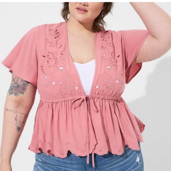 Torrid Dusty Rose Battenberg Lace Crop Tie Kimono NWT 3 - Picture 1 of 8